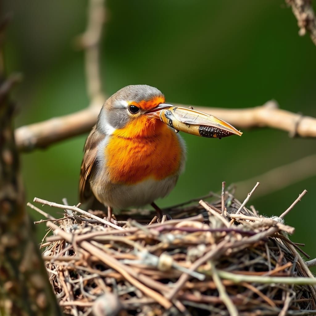 Robin with Insect at Nest