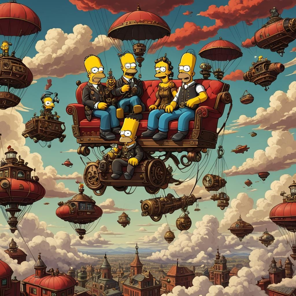 Steampunk Simpsons on Flying Couch in the Sky