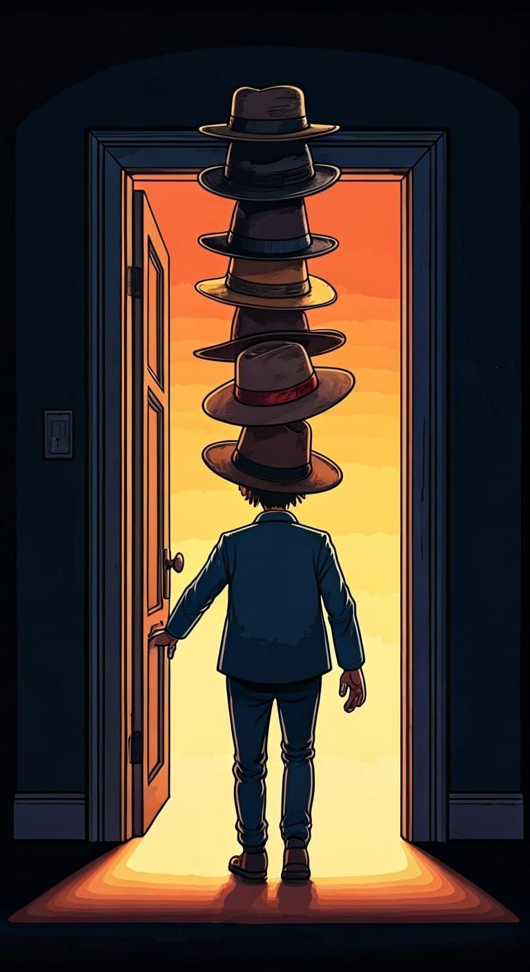 Figure Struggling to Pass Through Doorway with Oversized Hat...