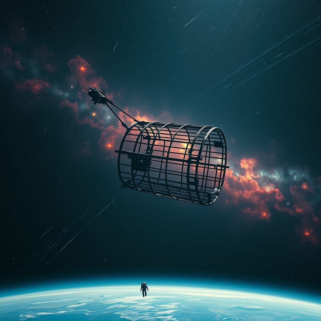 Astronaut Adrift Near Shattered Birdcage Space Station