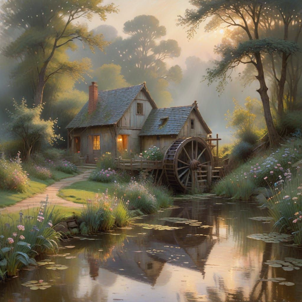 Dreamy Waterwheel Scene in Whimsical Impressionist Style