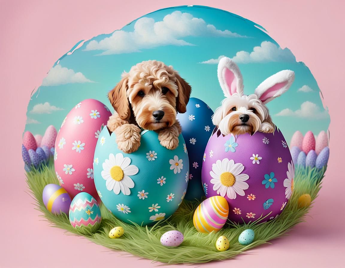 Labradoodle Easter Bunny Painting Eggs in Surreal Style