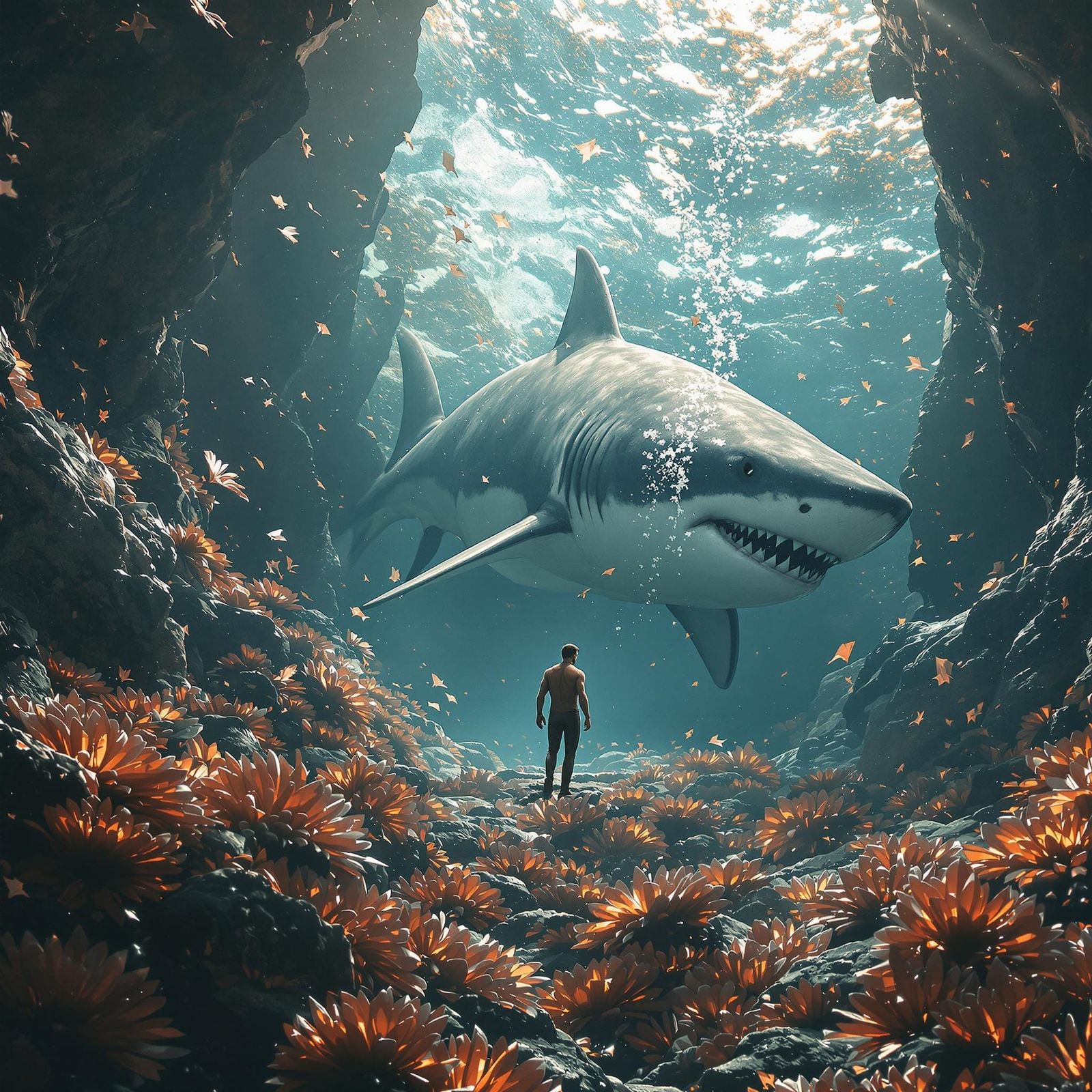 Baroque Sci-Fi Hero Amidst Underwater Majesty