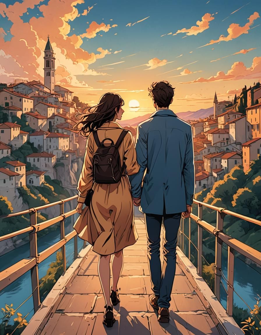 Romantic Couple in Italy: Vibrant Comic-Style Illustration