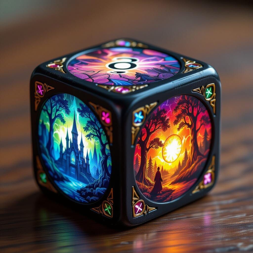 Fantastical D&D Dice in Stained Glass Style