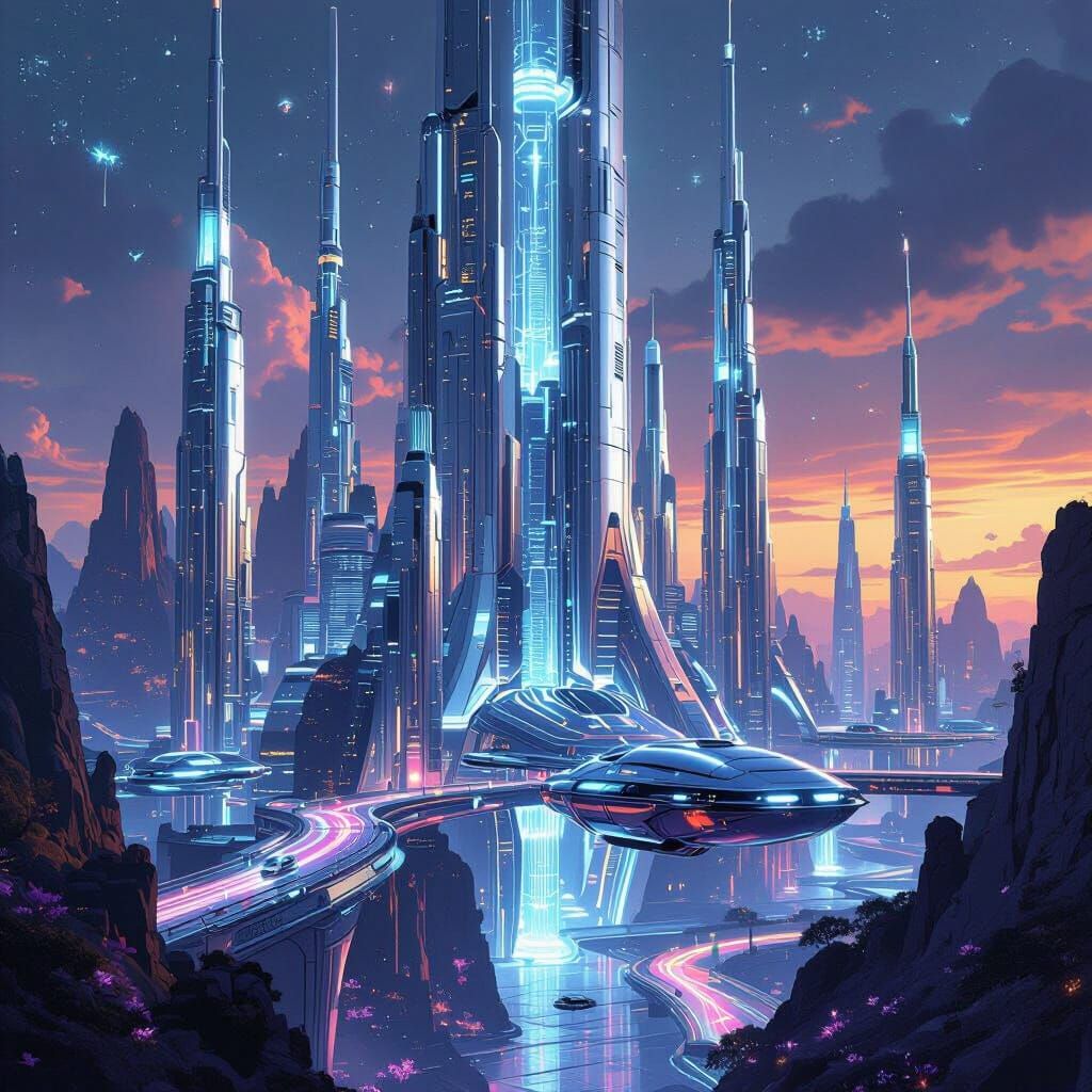 Chrome Citadel with Bioluminescent Flora in Cyberpunk Style