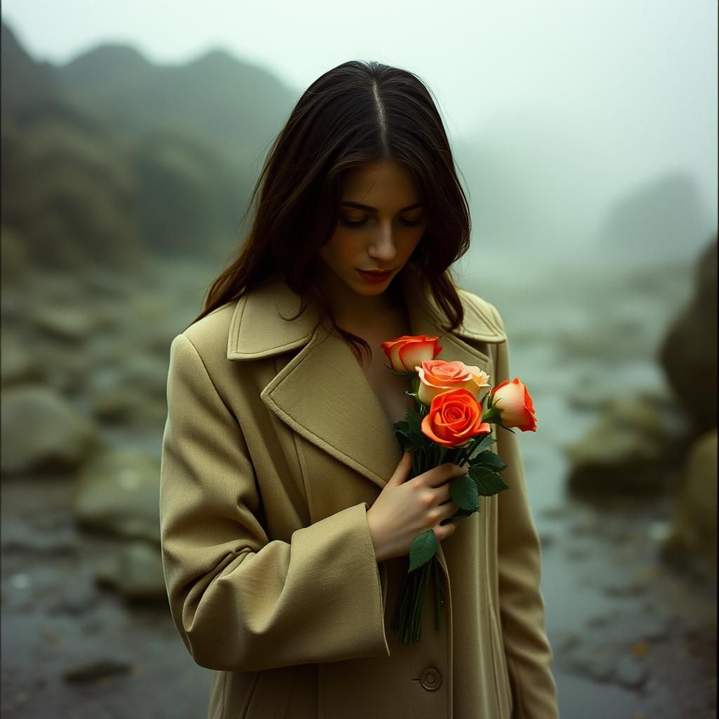 Contemplative Woman with Roses in Cinematic Style