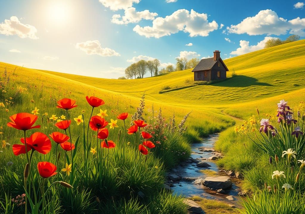 Spring Meadow in Impressionist Art Nouveau Style