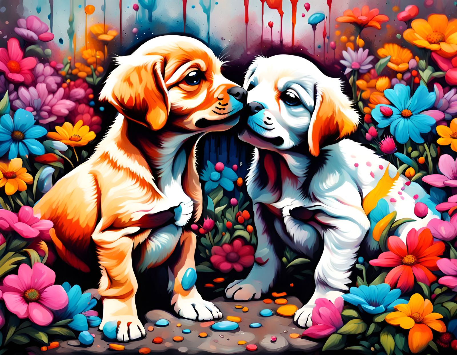 Kissing Puppies in Flowers: Graffiti Street Art
