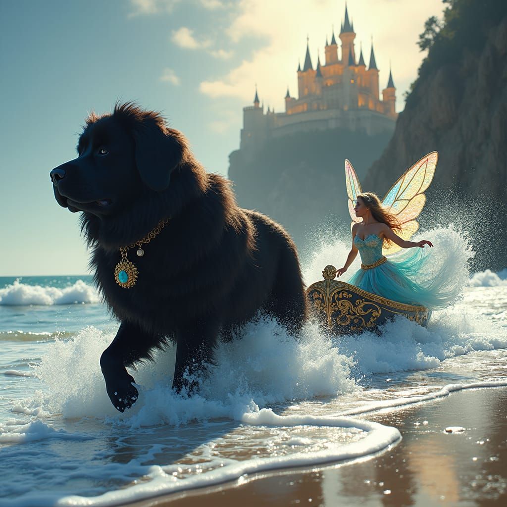 Newfoundland Dog and Fairy Queen on Beach