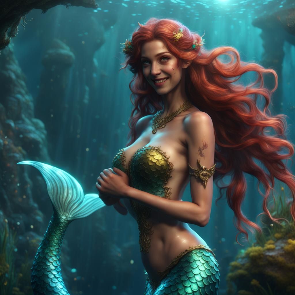 Smiling Mermaid in Magical Mist: Detailed Digital Painting