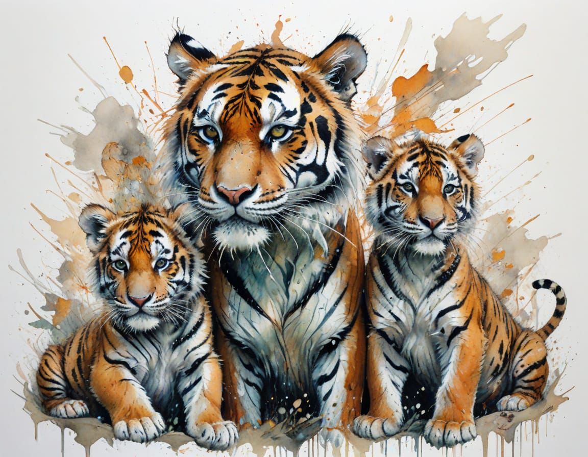 Tiger Mother Protecting Cubs in Expressive Watercolor Style