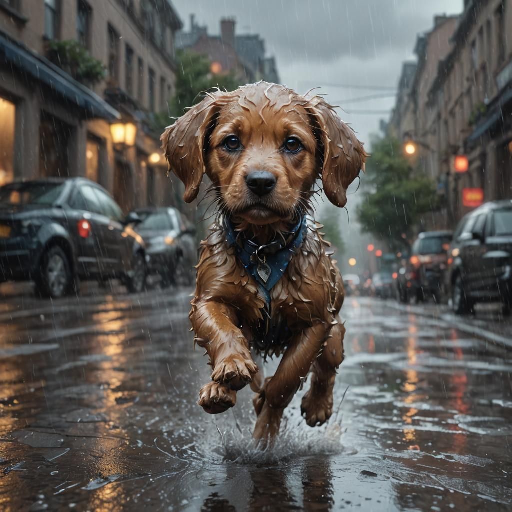 Sad Puppy in Rain: Hyperdetailed Digital Art Portrait