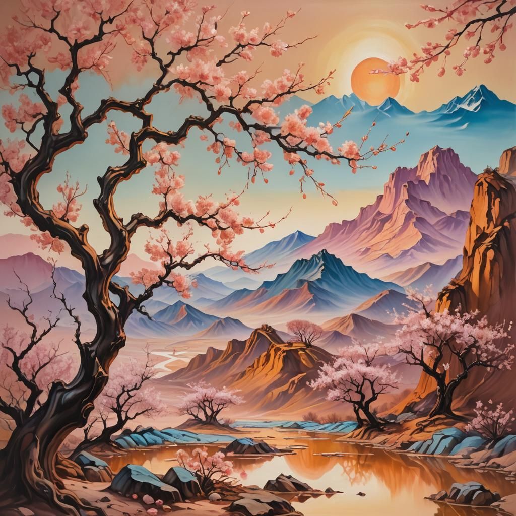 Surreal Peach Tree Mountains in Oil Painting Style