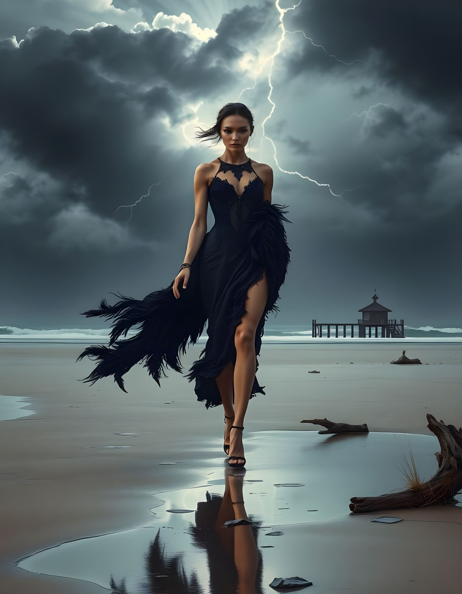 Ethereal Figure on Windswept Beach in Infrared Glow