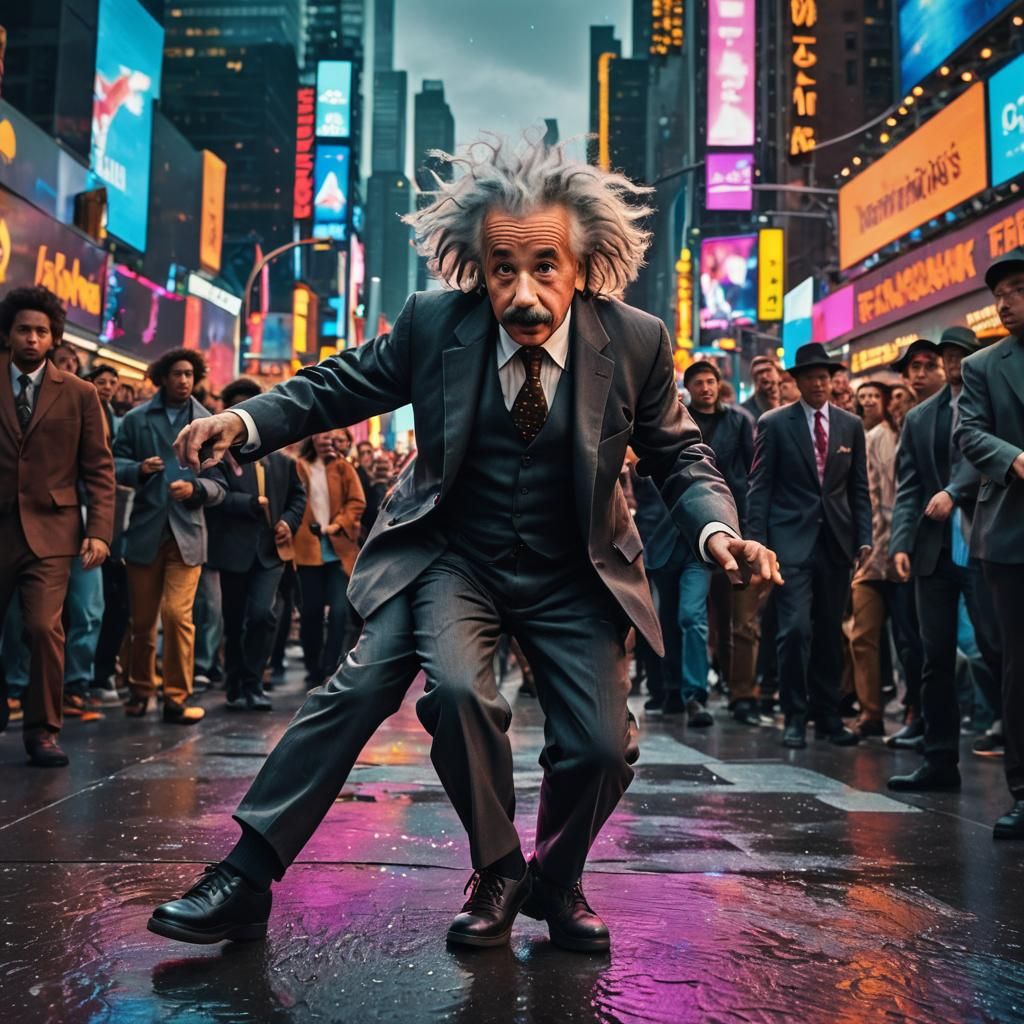 Einstein Breakdancing in Times Square: Vibrant Digital Art