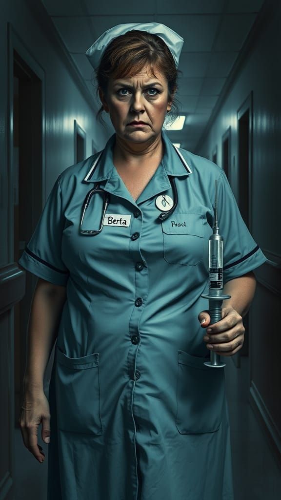 Stout Nightshift Nurse in Dimly Lit Hospital Corridor
