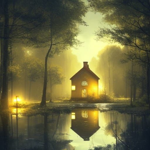 Yellow House in Puddle: Dark Fantasy Concept Art