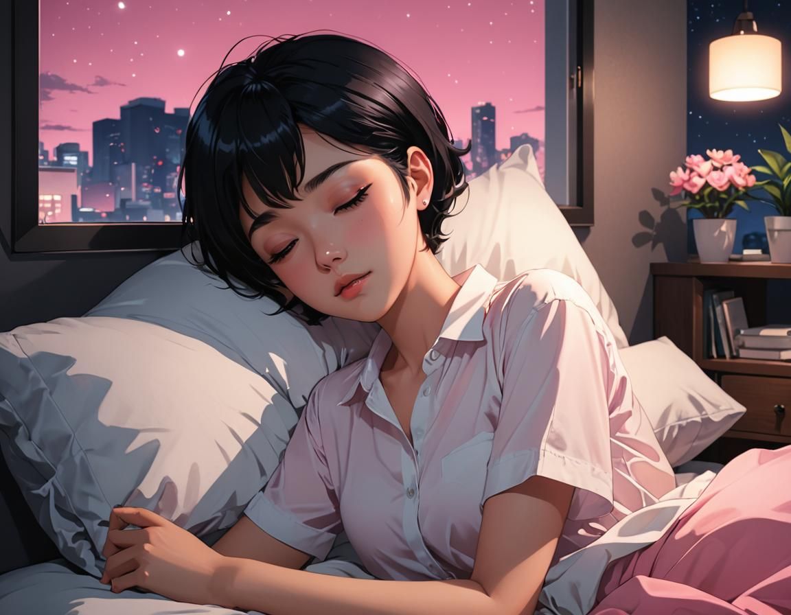 Woman Sleeping in Bedroom: Cel-Shaded Anime Style