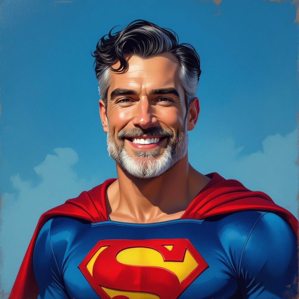 Handsome Superman Impressionist Oil Painting with Red Cape