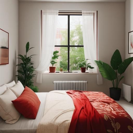 Light Red Bedroom with Plants: Professional Photography