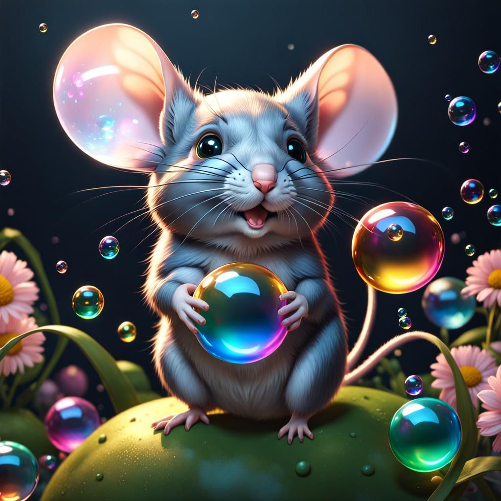 Cute Mouse Blowing Bubbles in Hyperdetailed Concept Art