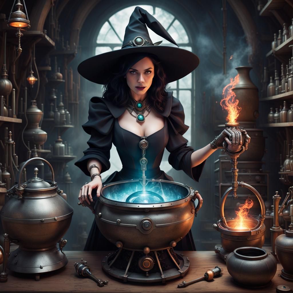Cyberpunk Witch Alchemist Mixing Potions