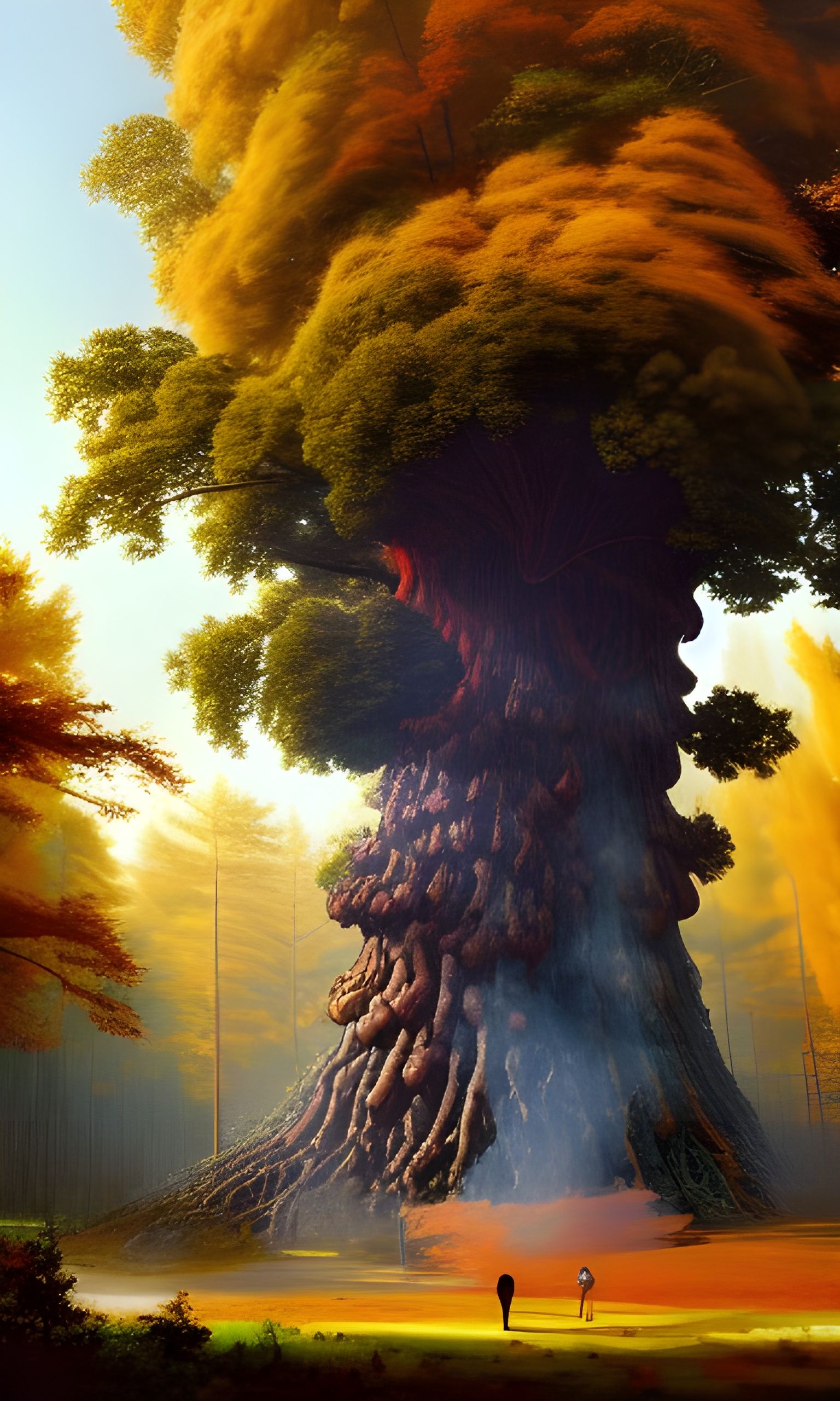 Giant Oak in Alien Cityscape: A Fantastical Painting