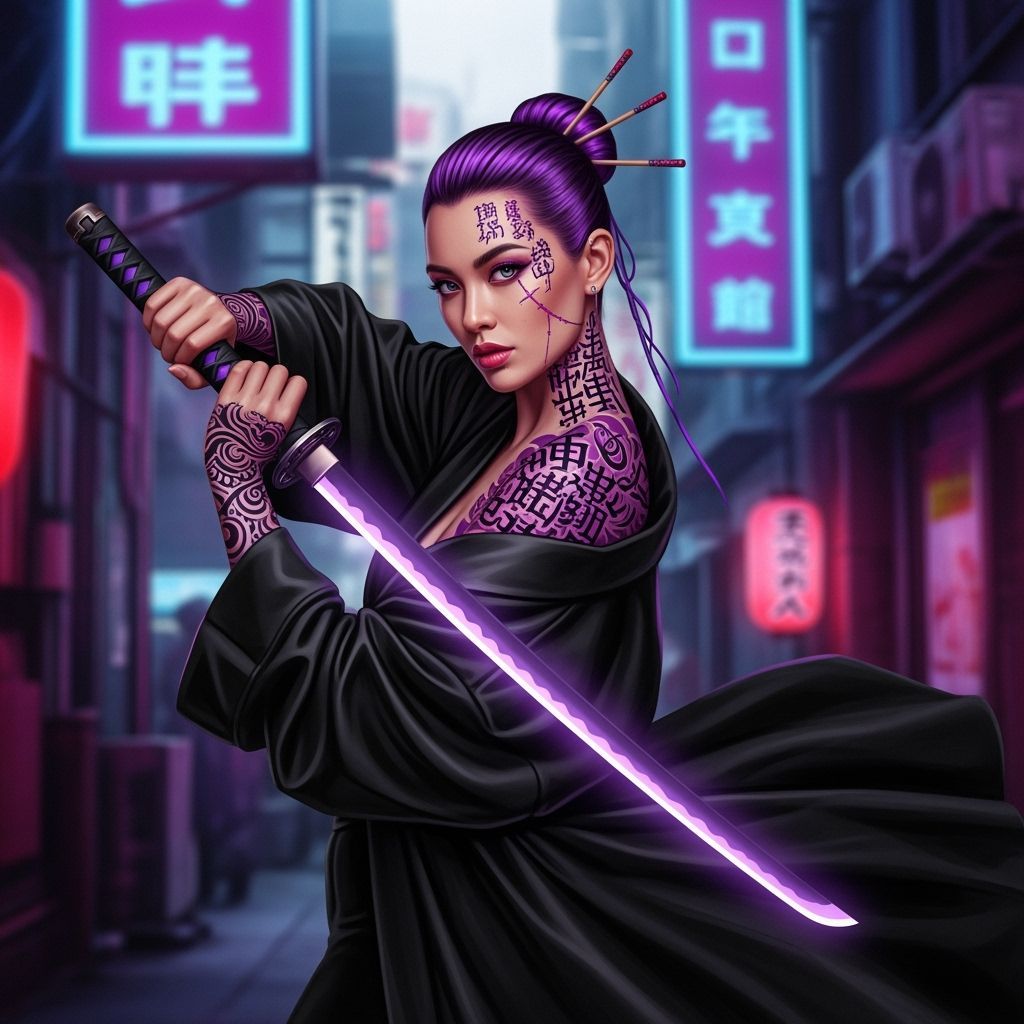 Cyberpunk Rebel Woman with Katana in Tokyo
