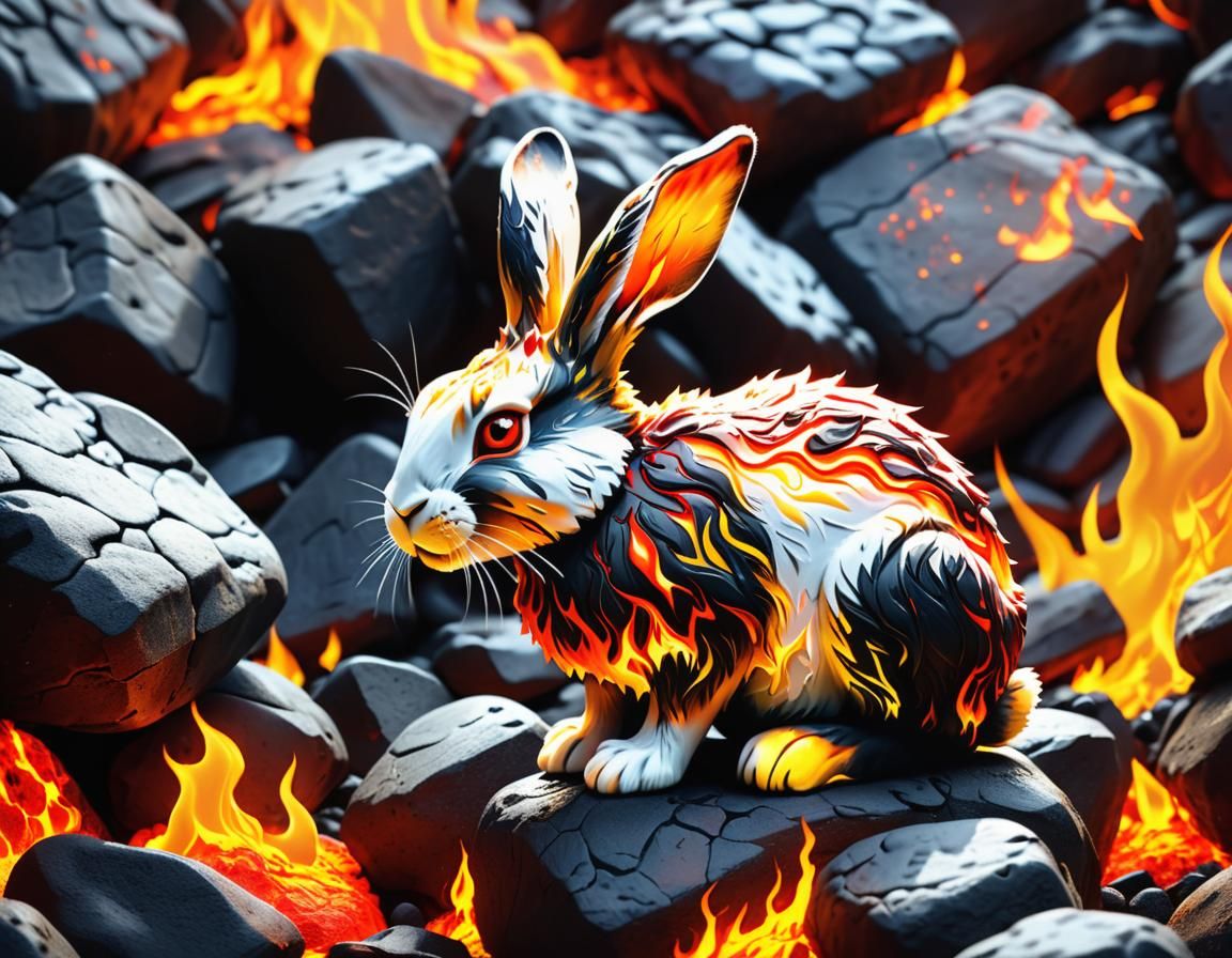 Fiery Rabbit in Molten Landscape: Digital Art