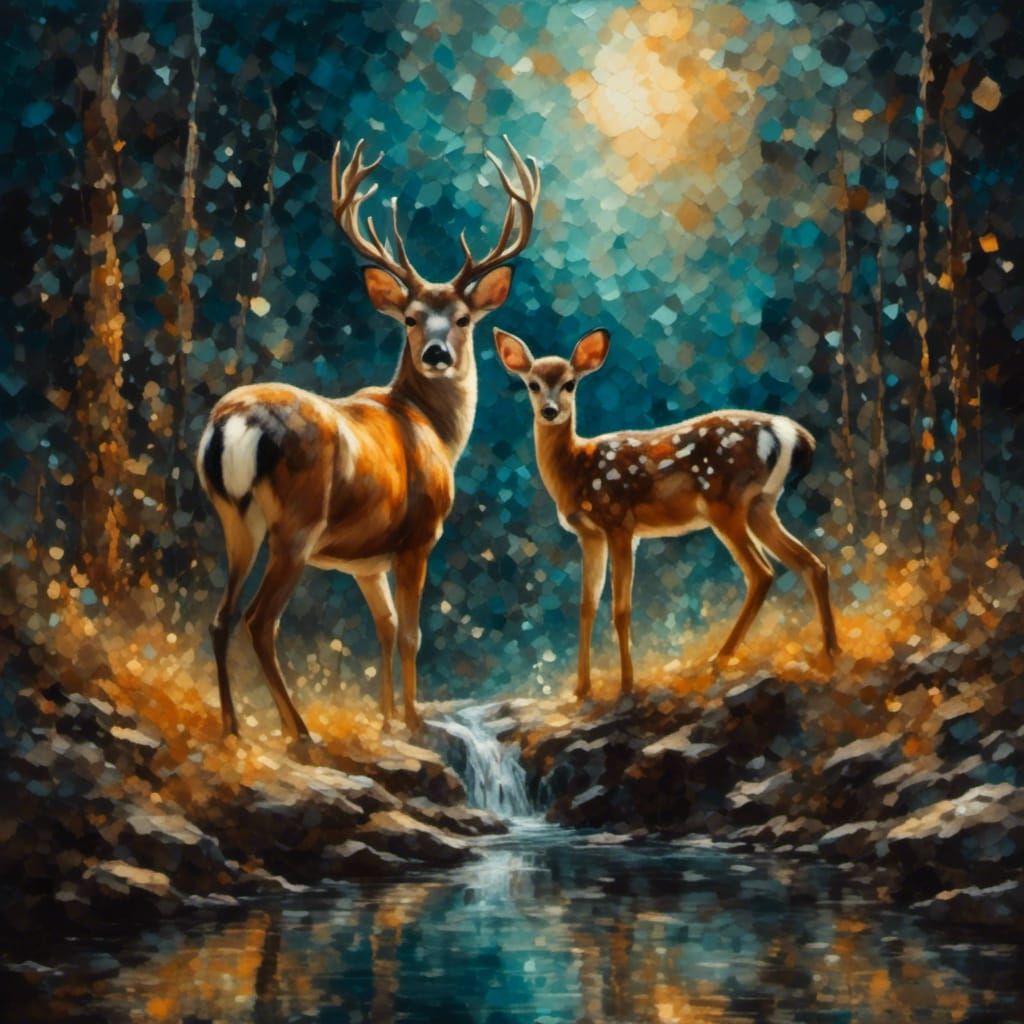 Deer in Ancient Woods: Impasto Oil Painting