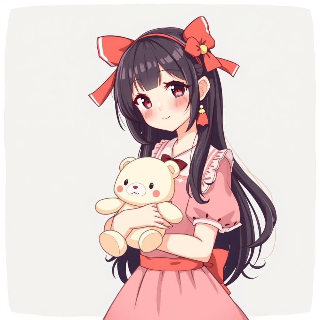 Anime Style Japanese Woman with Plushie in Kawaii Style