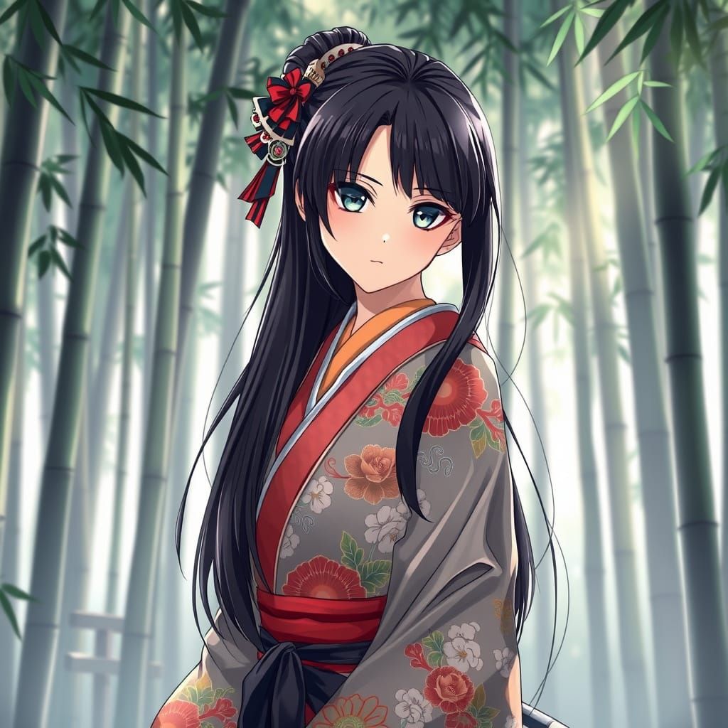 Elegant Anime Samurai Lady in Bamboo Forest