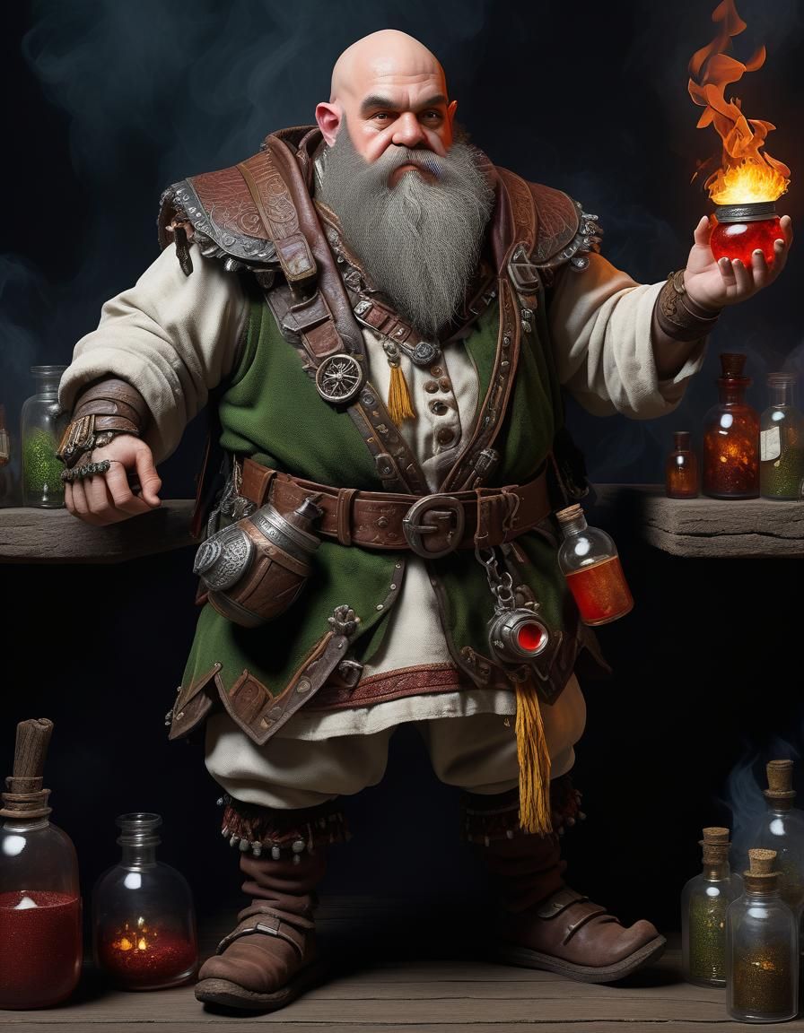 Dwarf Alchemist with Fire Potion in Lifelike Style