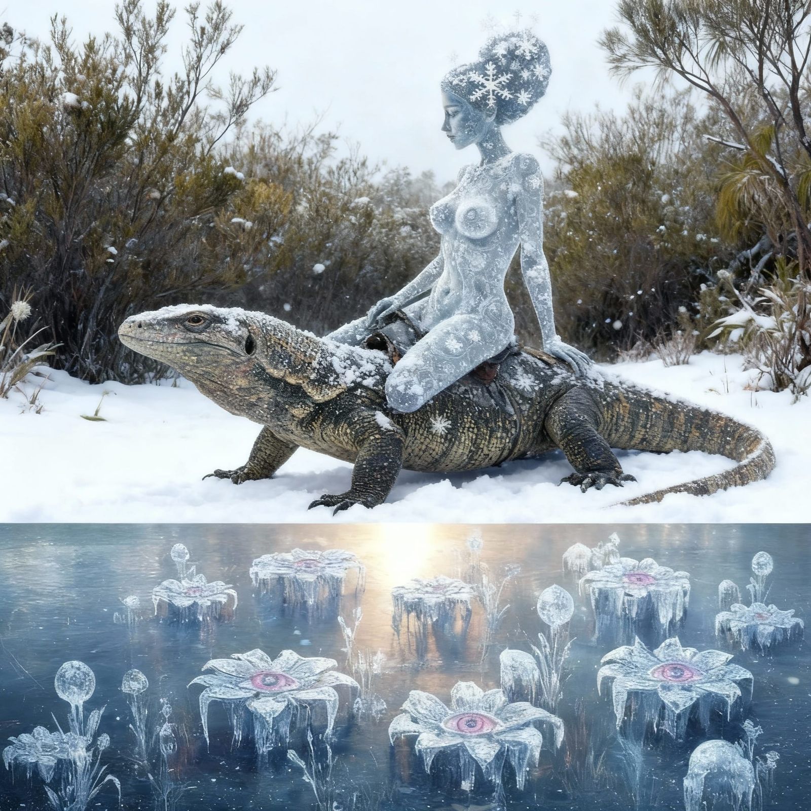 Characters Ride Goanna Through Bushland