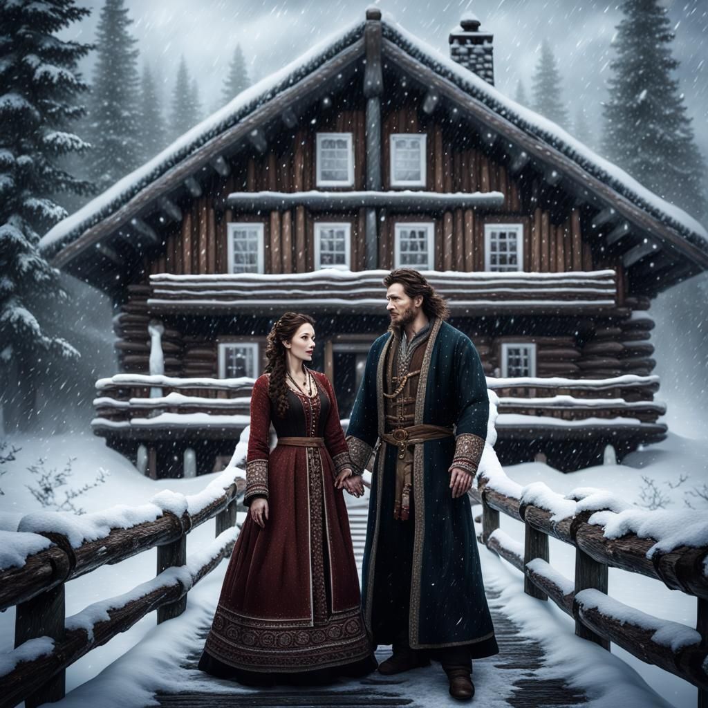 Norwegian Couple in Snowstorm: Detailed Matte Painting