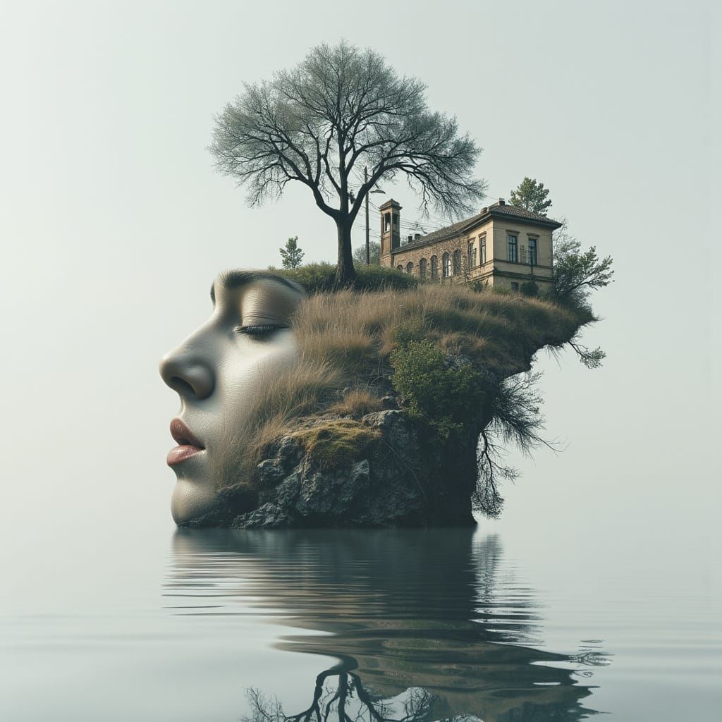 Surreal Dreamscape with Water Face and Baroque Ruins