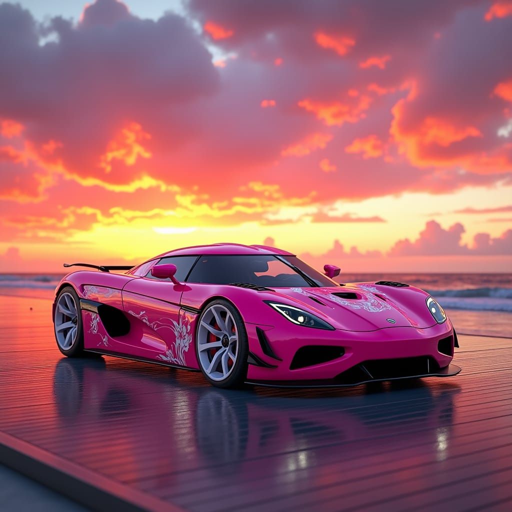 Hot Pink Koenigsegg Regera on Beach Boardwalk at Sunset