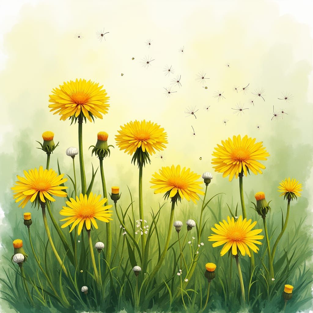 Dandelions in Impressionistic Style with Blowing Seeds