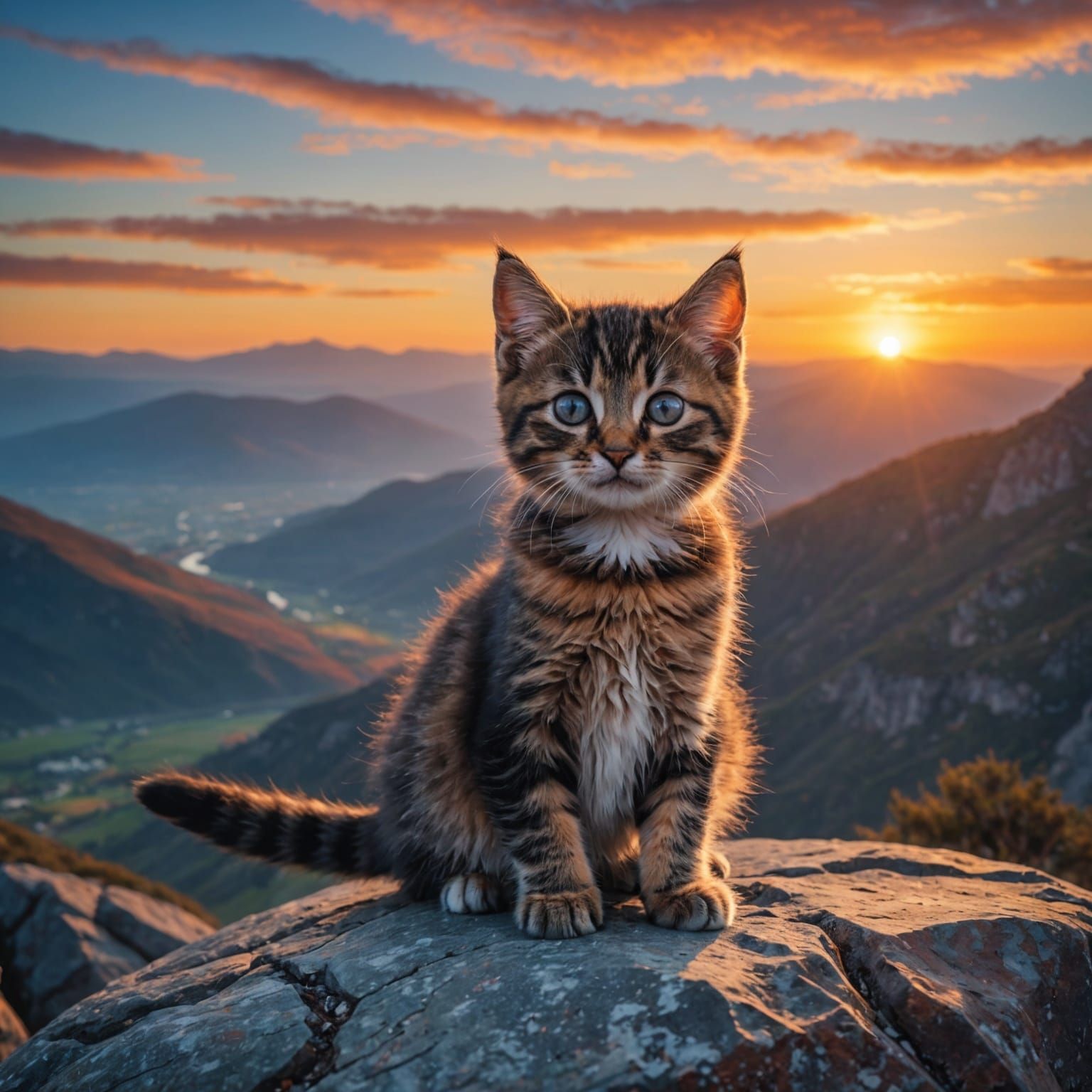Kitten on a Rock at Mountain Sunrise
