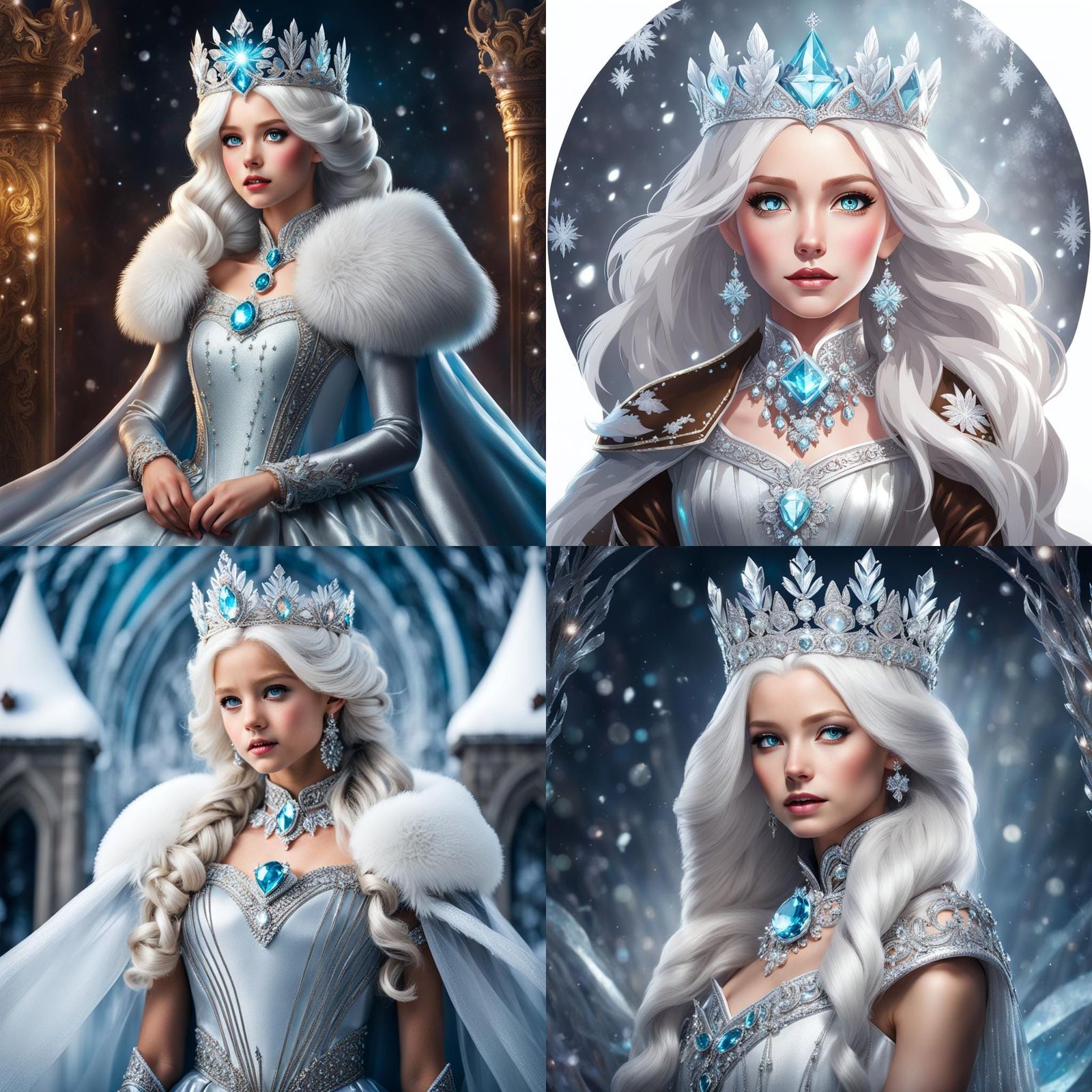 Ice Crown Princess with White Hair in Silver Gown