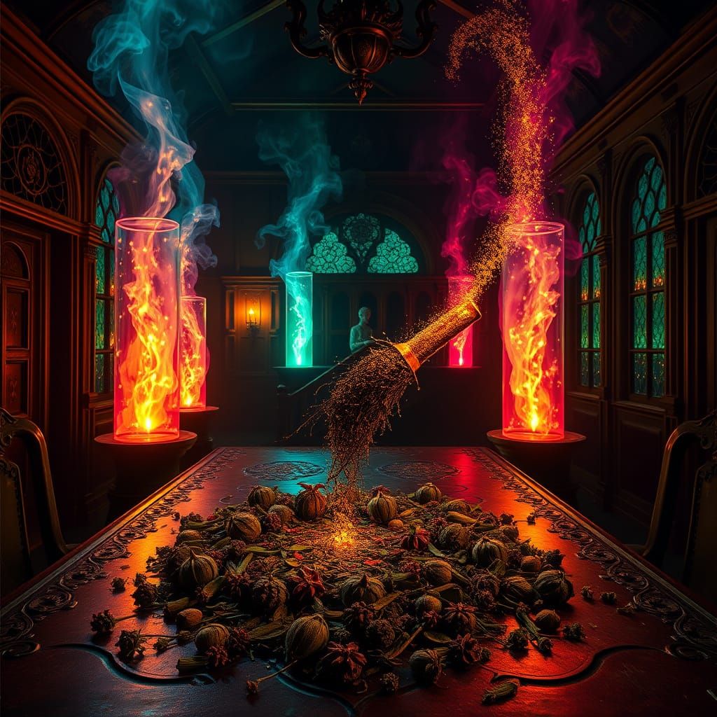 Gothic Manor Room With Magical Vases and Arcane Herbs