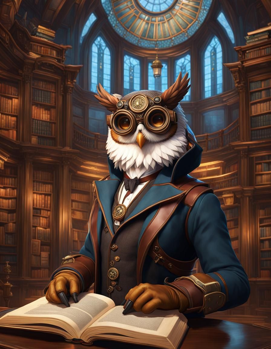 Steampunk Owl Librarian in Victorian Library
