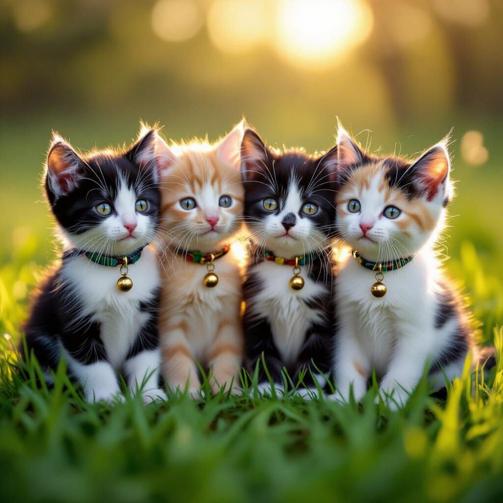 Four Calico Kittens in a Dusk Lit Meadow