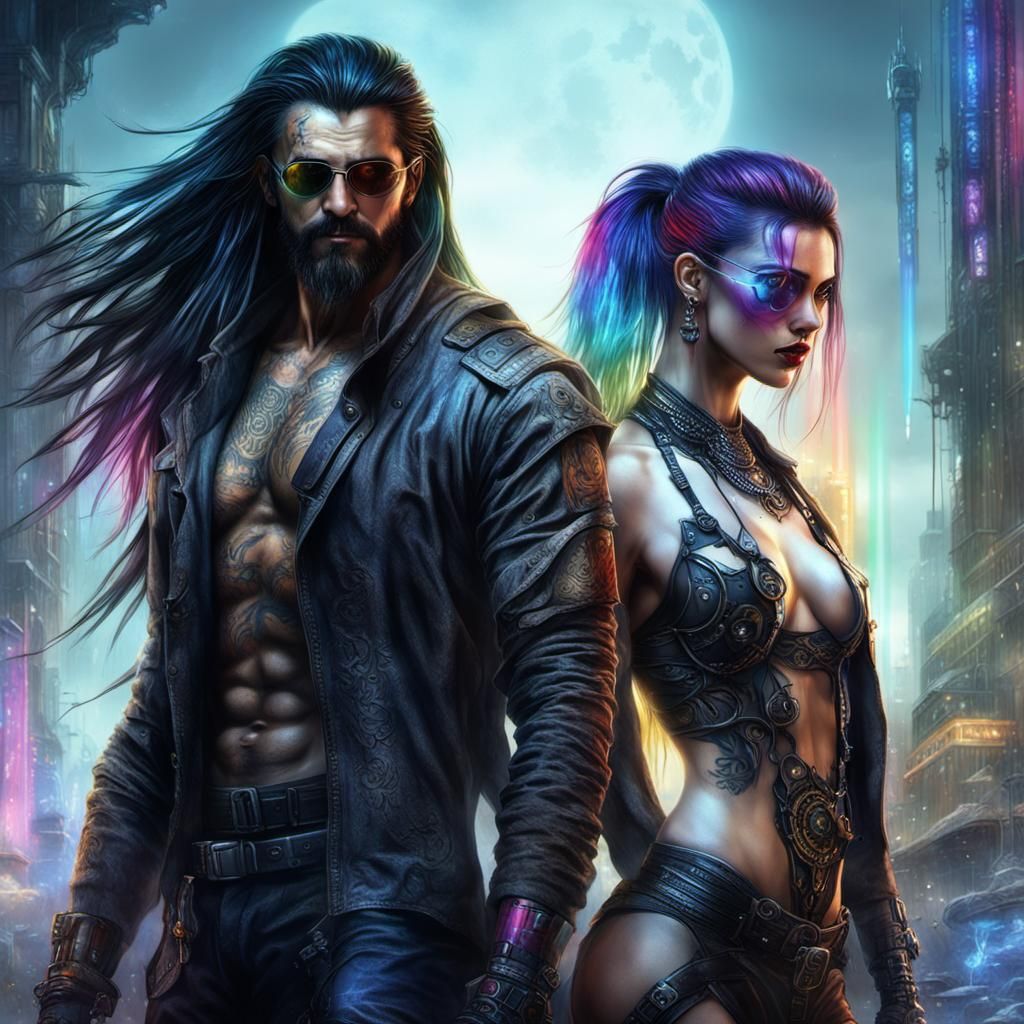Cyberpunk Couple with Werewolf in Luis Royo Style