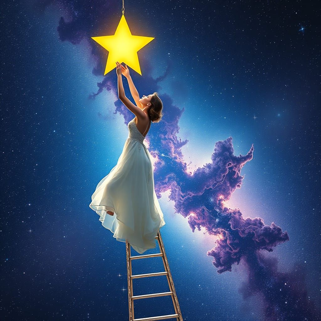 Young Woman Hangs Celestial Star in Vibrant Night Sky