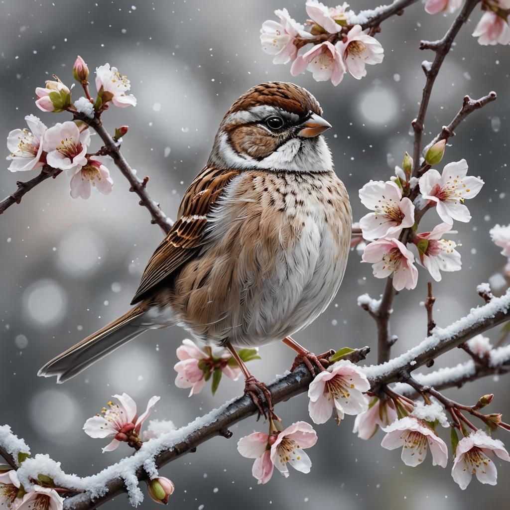 Sparrow on Snowy Apple Blossom Branch in Pointillism