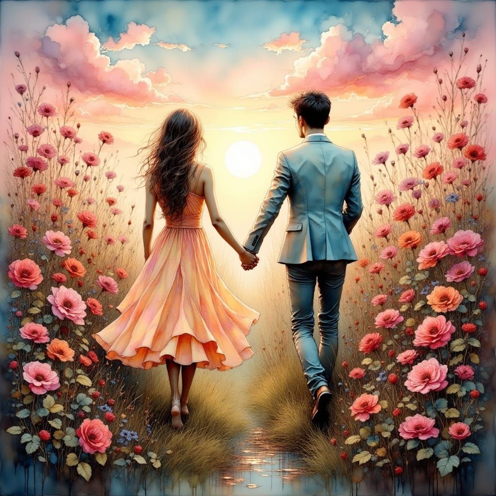 Romantic Couple in Floral Field, Oil Painting