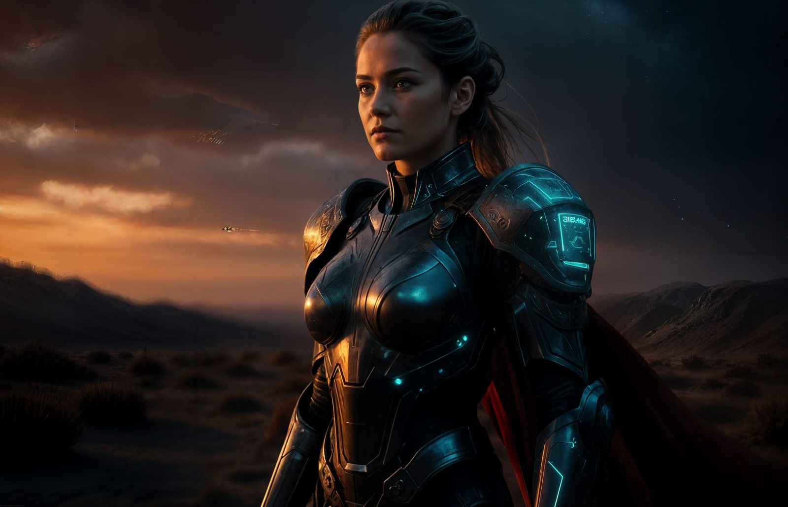 Futuristic Warrior Queen in Gleaming Armor Surveys Desolate ...