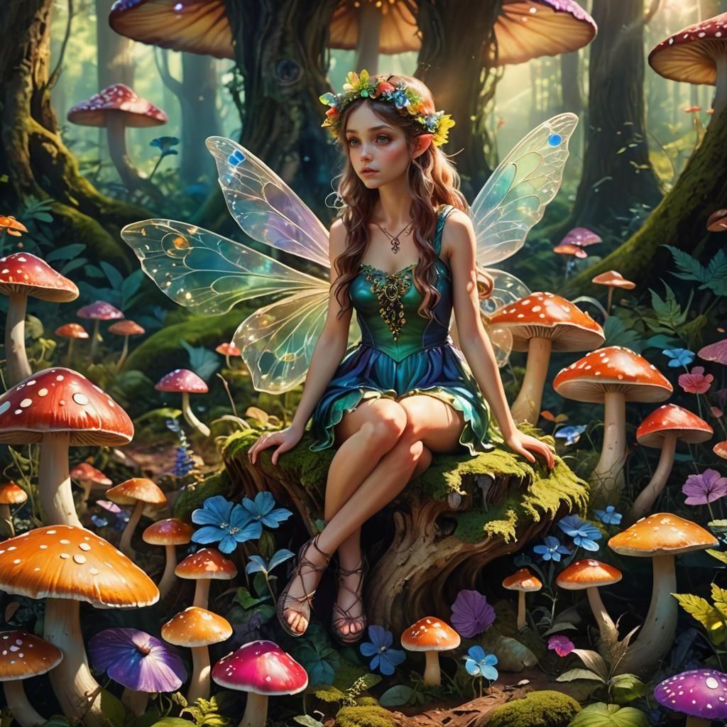 Cute Fairy on Mushroom: Detailed Fantasy Art
